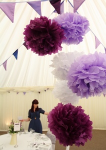 Emma and Andy's purple pompoms www.ohsoperfect.co.uk